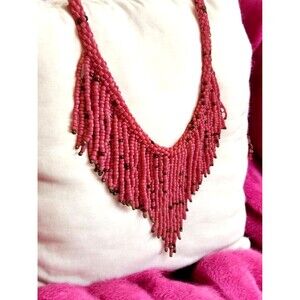 Vintage Pink Gold Seed Bead Beaded Fringe Bib Statement Necklace Adjustable 24"